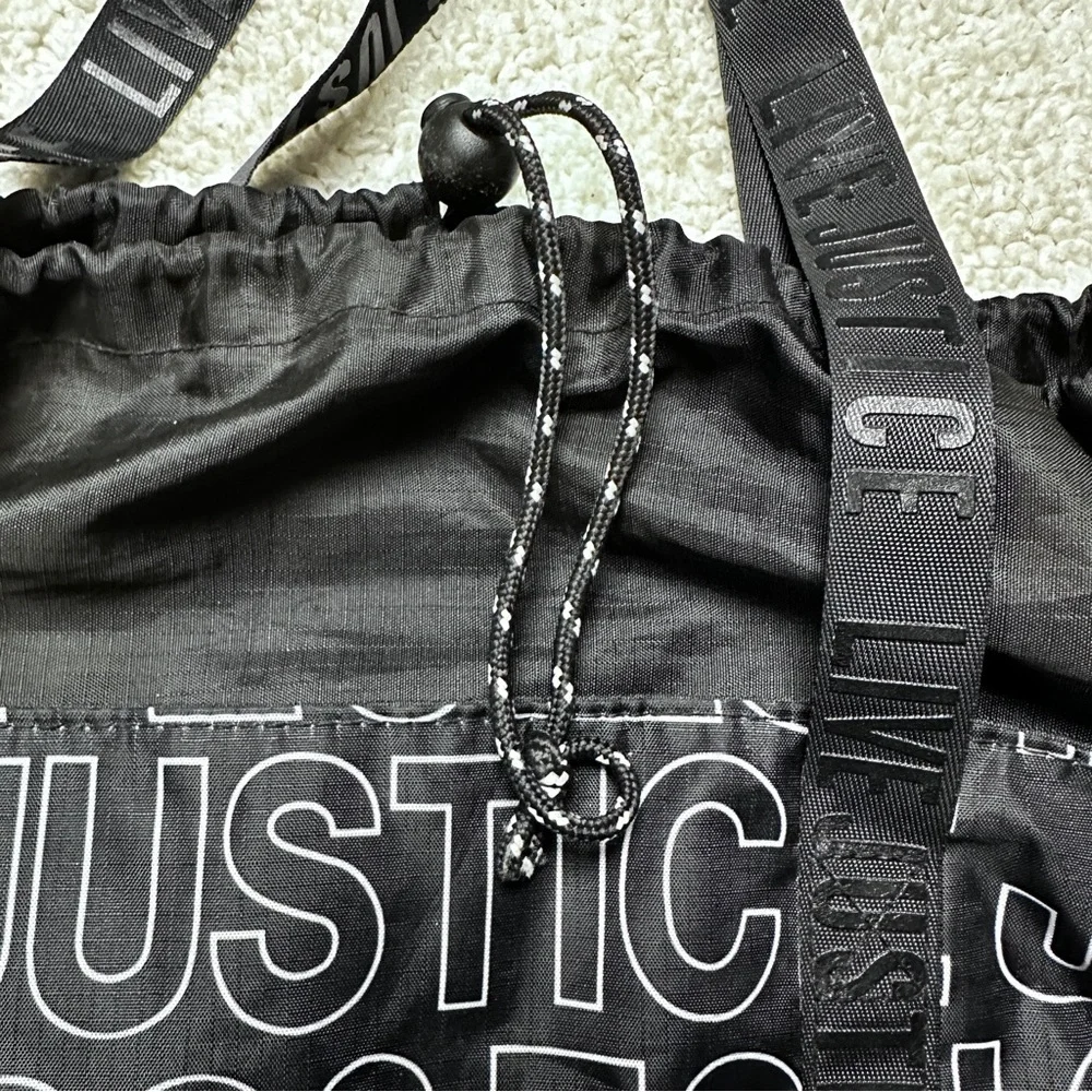Justice logo black drawstring tote bag overnight dance / sports rucksack  Tote